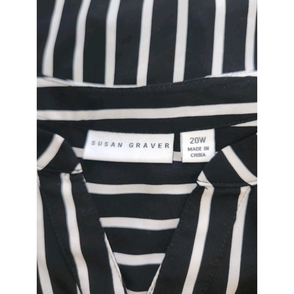 Susan Graver Black White Striped V Neck Blouse Front Hem Tie Size 20W - Picture 4 of 5
